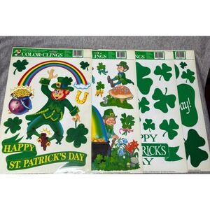 Vintage St Patricks Day Color-Clings Window lot 4 Leprechaun Shamrock Mushrooms